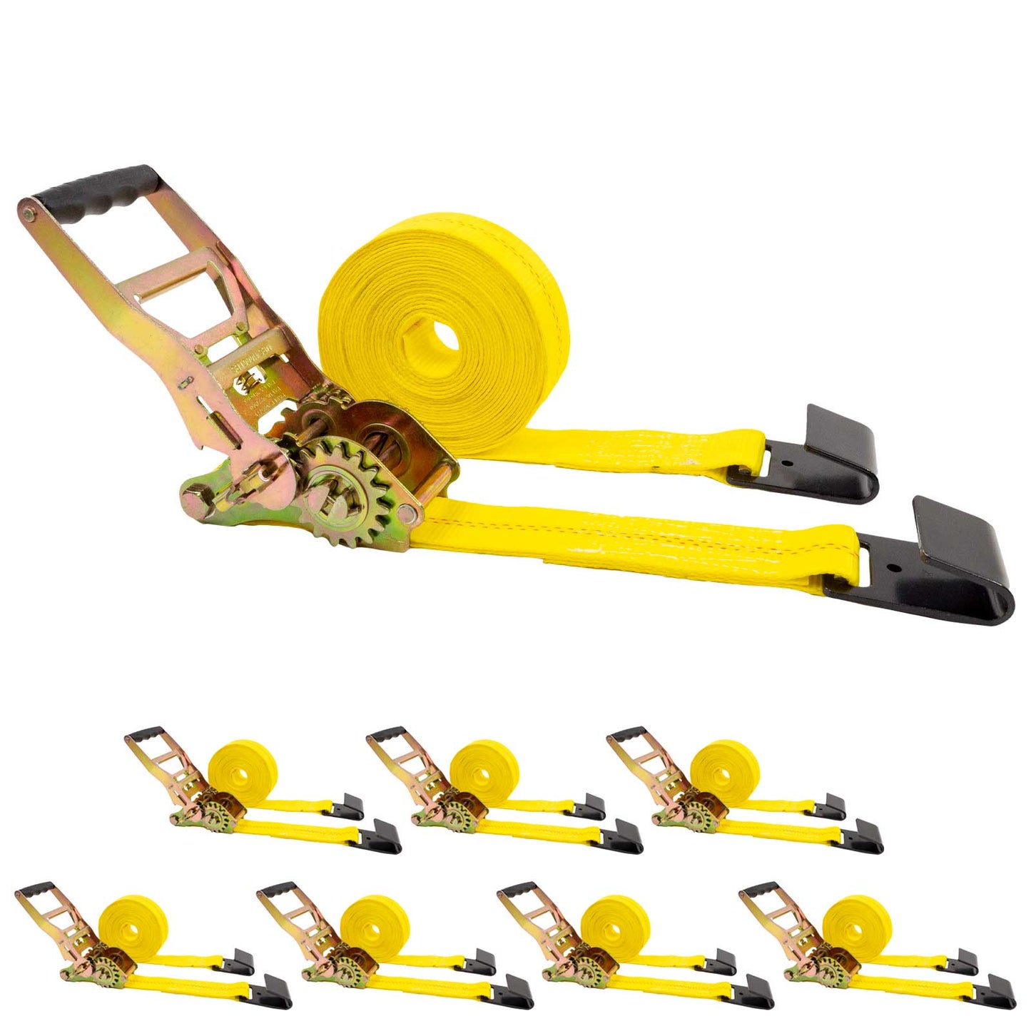 2" x 30' Gear-Driving Reverse-Action Ratchet Strap with Flat Hooks | Yellow | 8-Pack