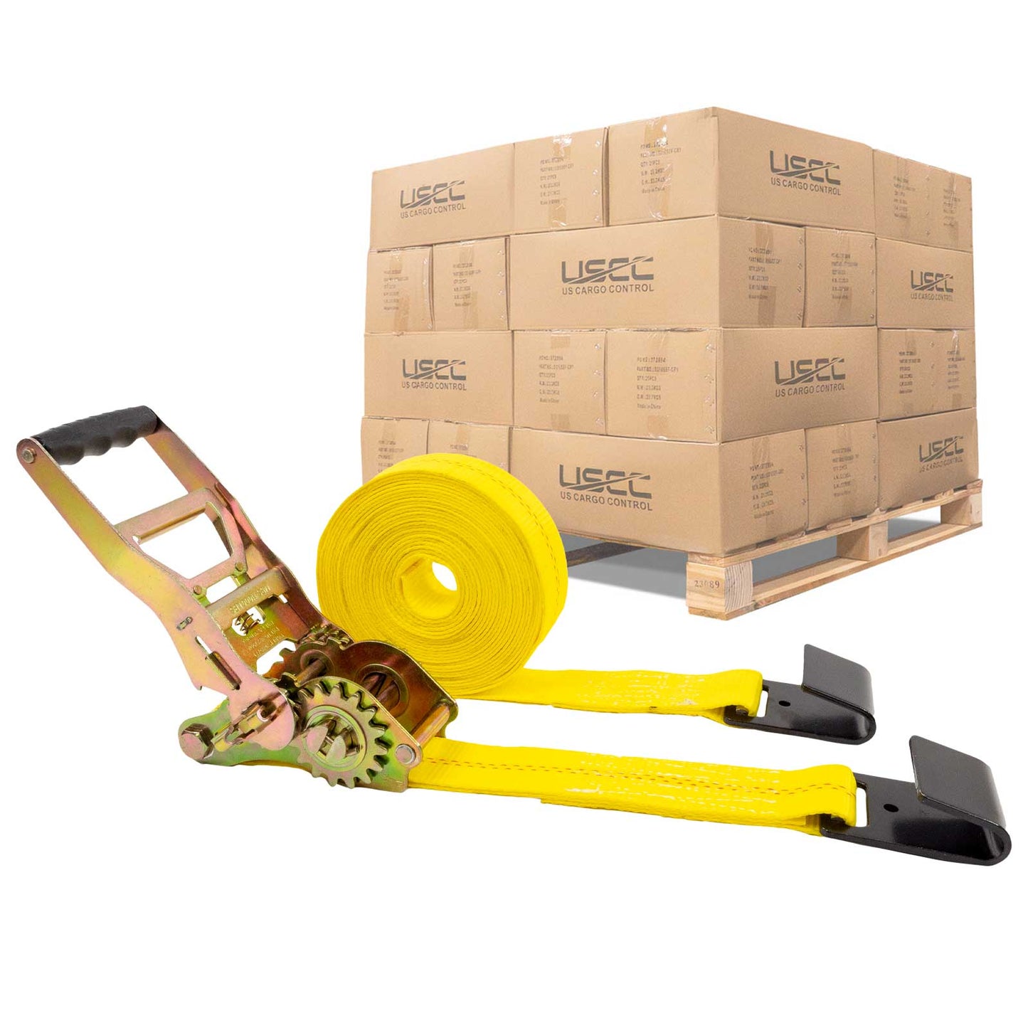 2" x 30' Gear-Driving Reverse-Action Ratchet Strap with Flat Hooks | Yellow | 256-Pack (Pallet)