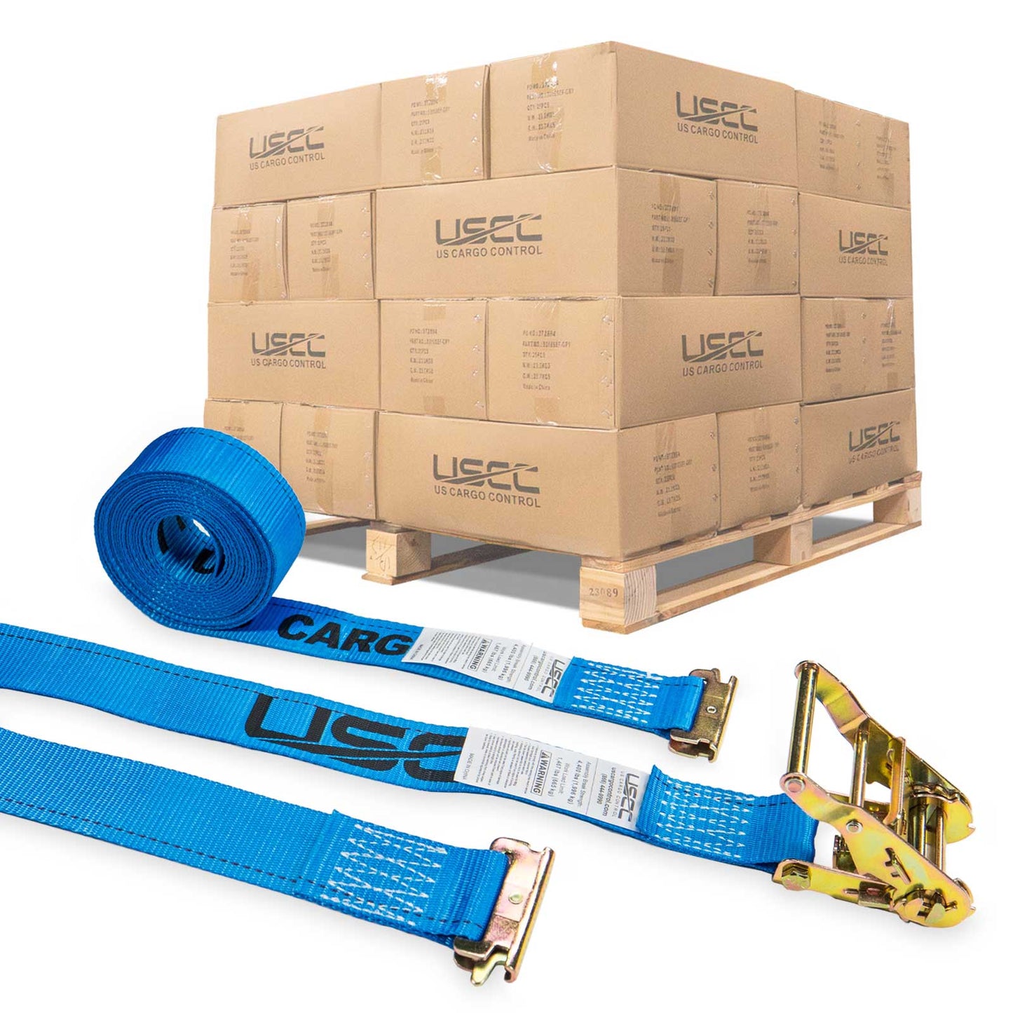 2" x 20' Blue E-Track Ratchet Strap | Standard 4' Fixed End | 640-Pack (Pallet)
