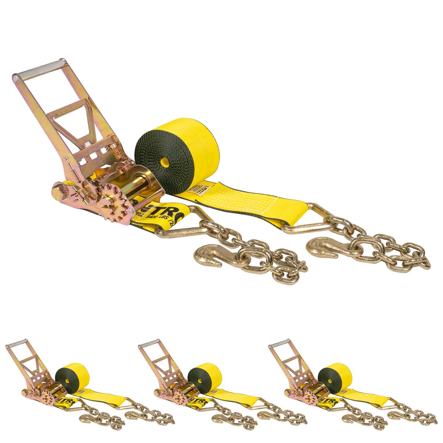 4" x 50' Gear-Driving Reverse-Action Ratchet Strap with Chain Ends | Yellow | 4-Pack