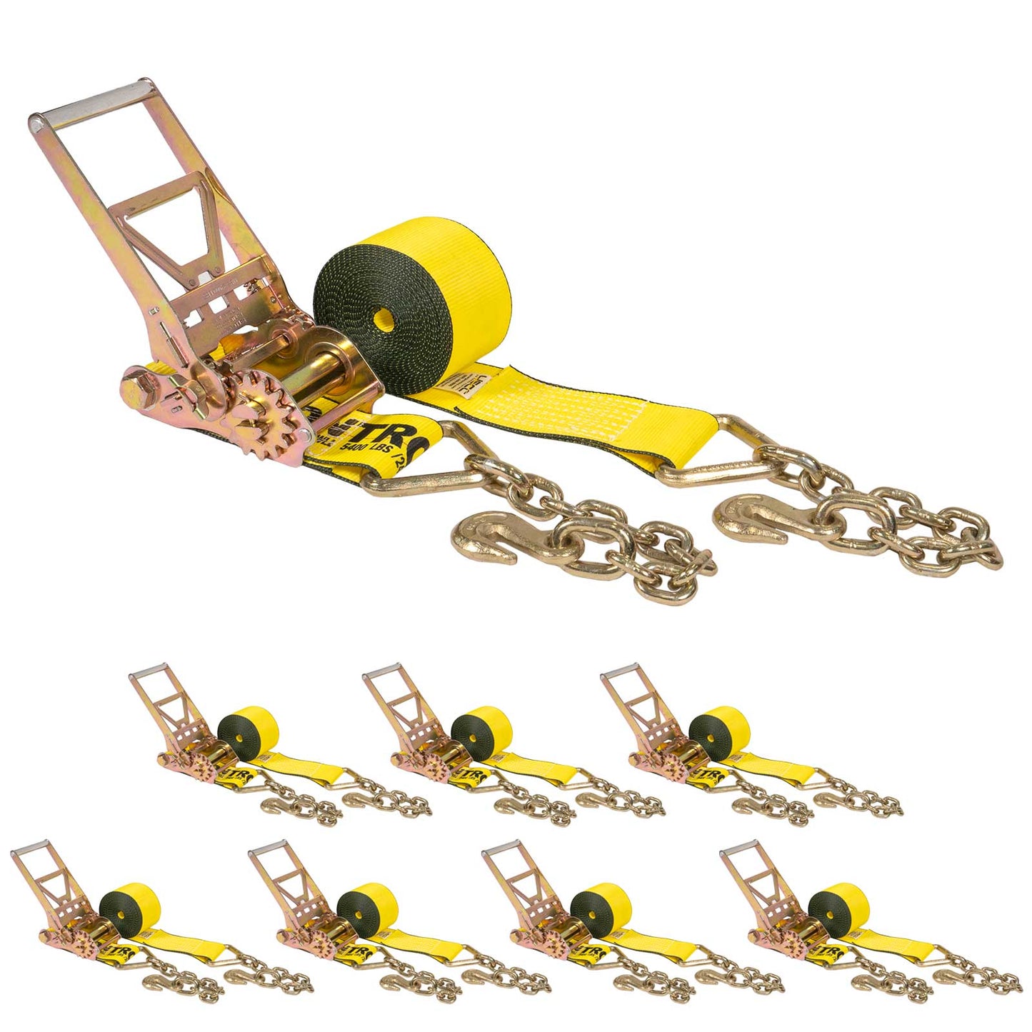 4" x 50' Gear-Driving Reverse-Action Ratchet Strap with Chain Ends | Yellow | 8-Pack