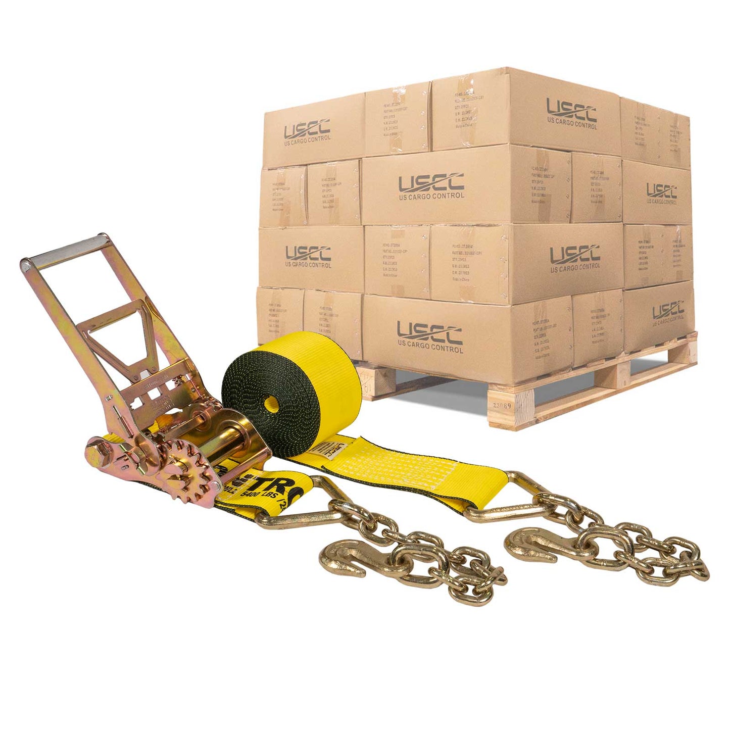 4" x 50' Gear-Driving Reverse-Action Ratchet Strap with Chain Ends | Yellow | 60-Pack (Pallet)