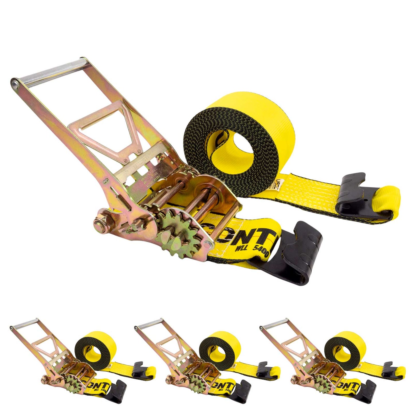 4" x 30' Gear-Driving Reverse-Action Ratchet Strap with Flat Hook | Yellow | 4-Pack