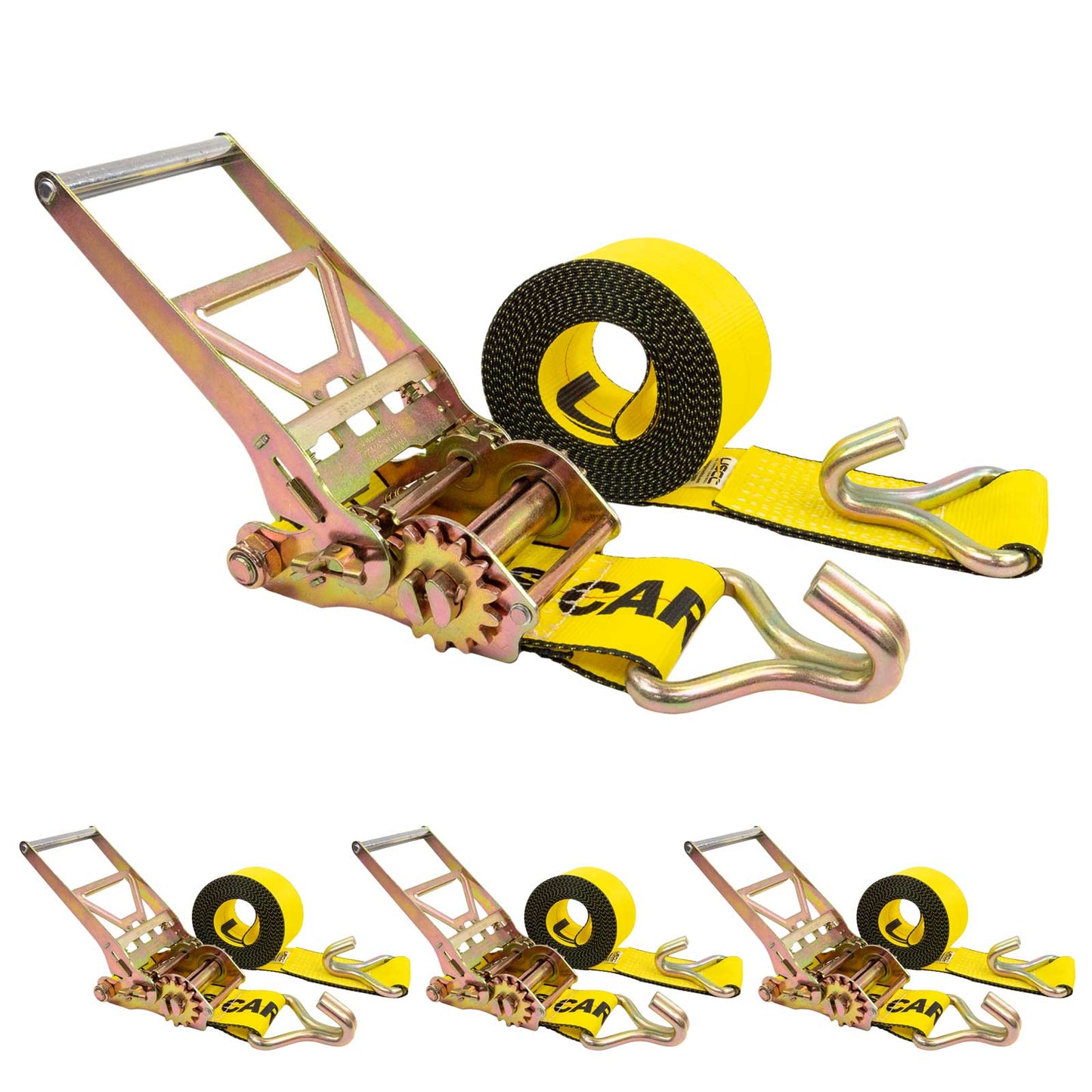 4" x 27' Gear-Driving Reverse-Action Ratchet Strap with Wire Hooks | Yellow | 4-Pack