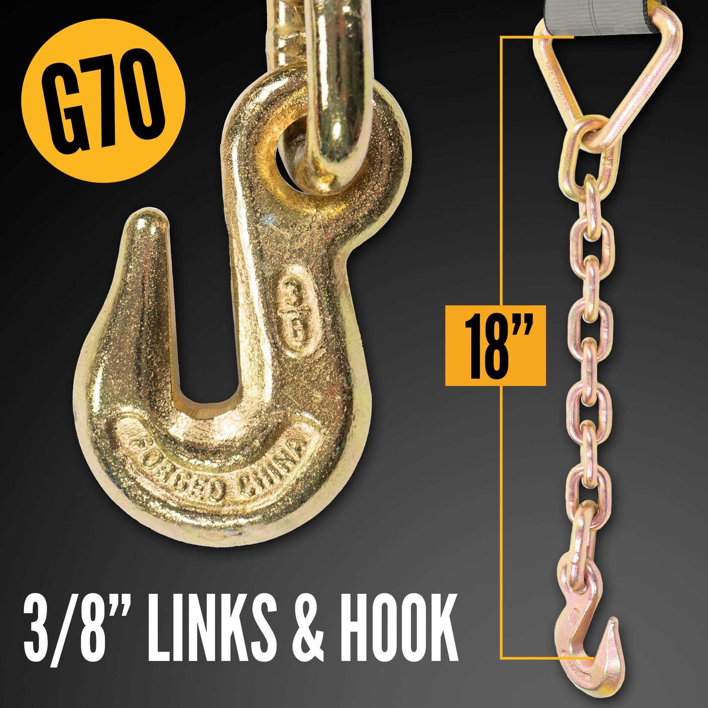 heavy duty BlackLine 18" grade 70 chain end with 3/8" grab hook