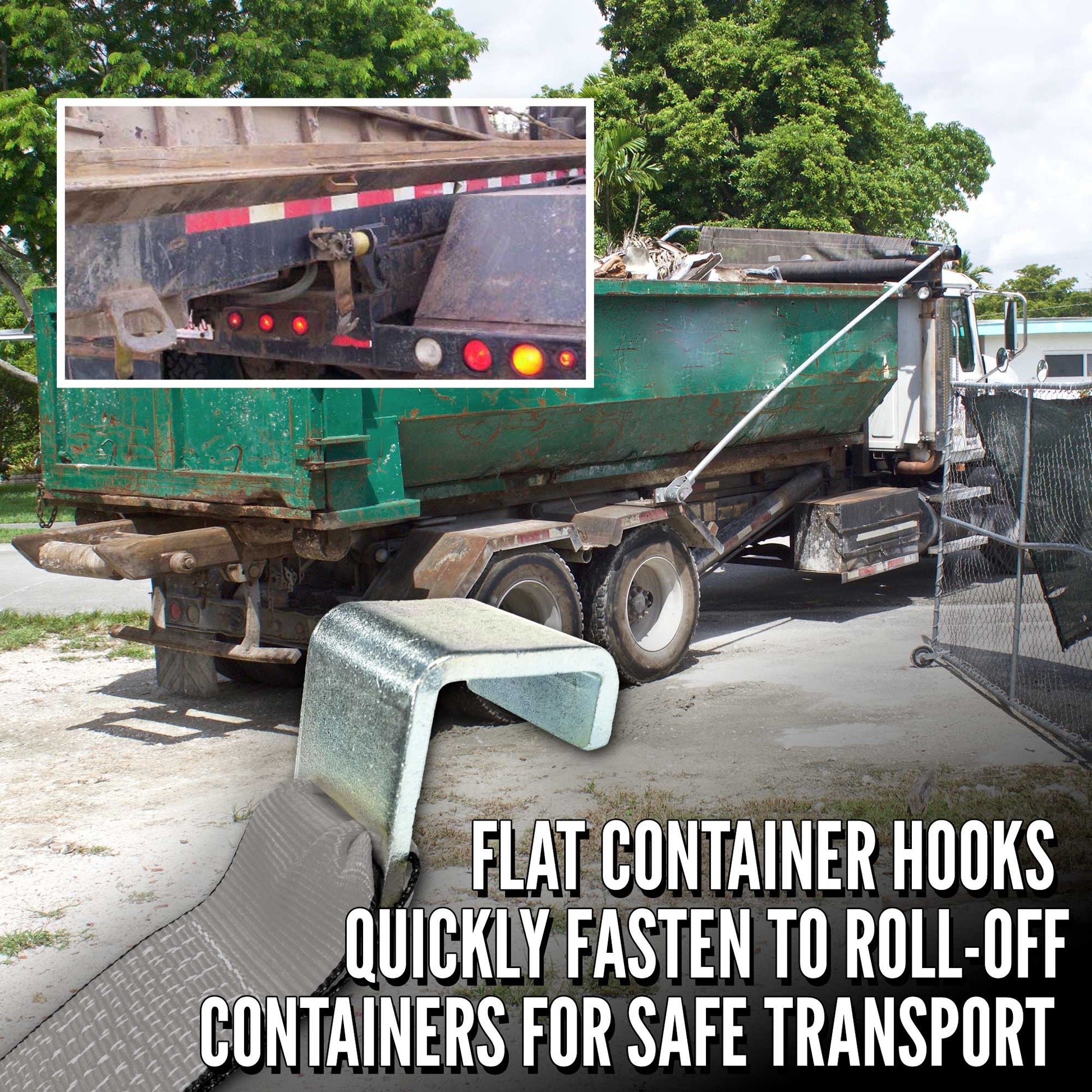BlackLine flat container hooks attach to roll off containers for transport