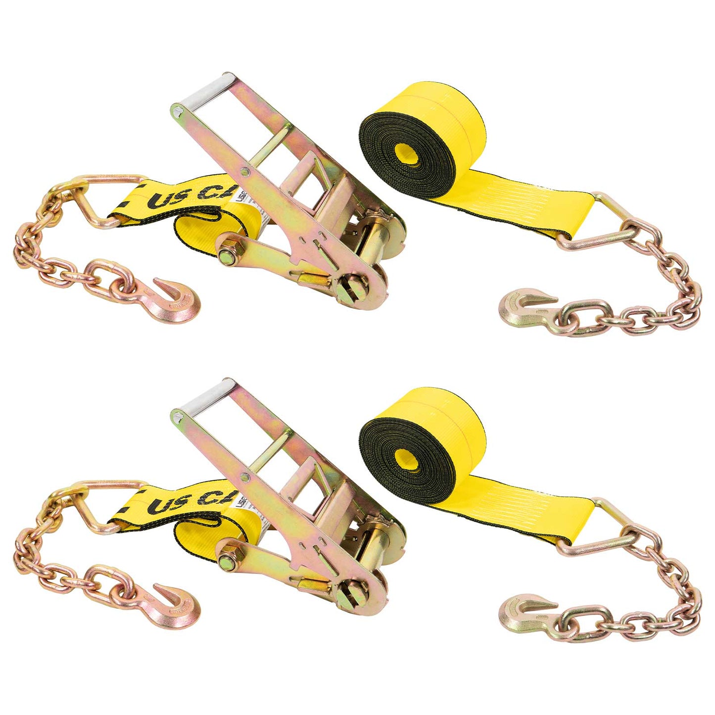 4" x 30' Ratchet Strap with 18" Chain Extensions | Yellow | 2-Pack
