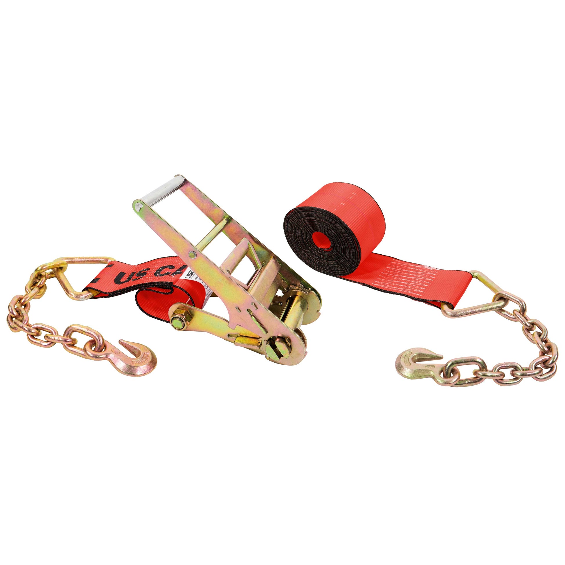 60' 4" heavy-duty red chain extension ratchet strap