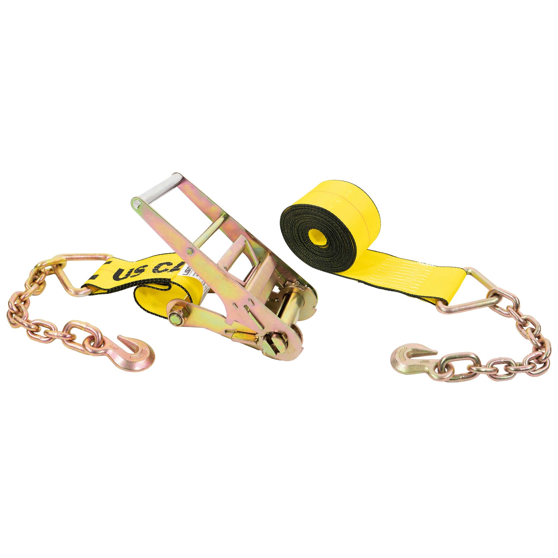 20' 4" heavy-duty yellow chain extension ratchet strap