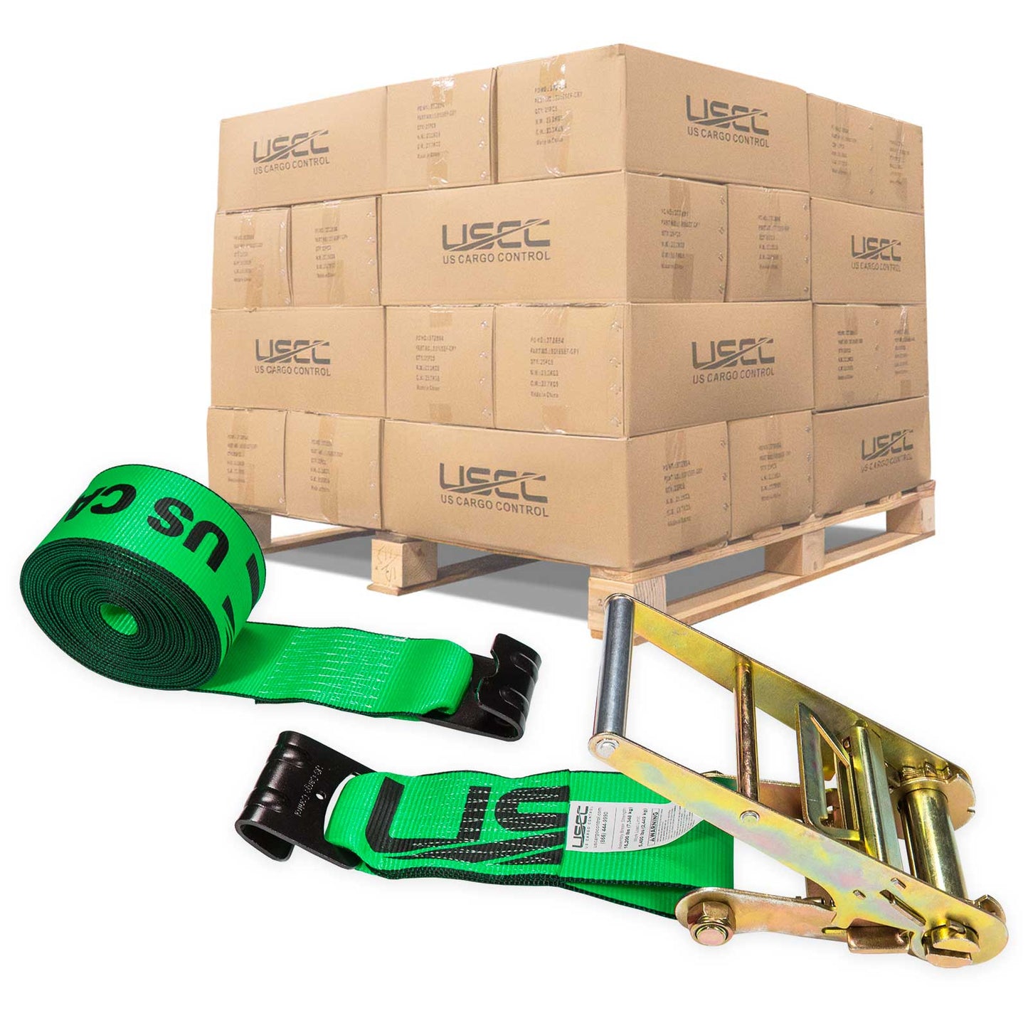4" x 30' Ratchet Strap with Flat Hooks | Green | 90-Pack (Pallet)
