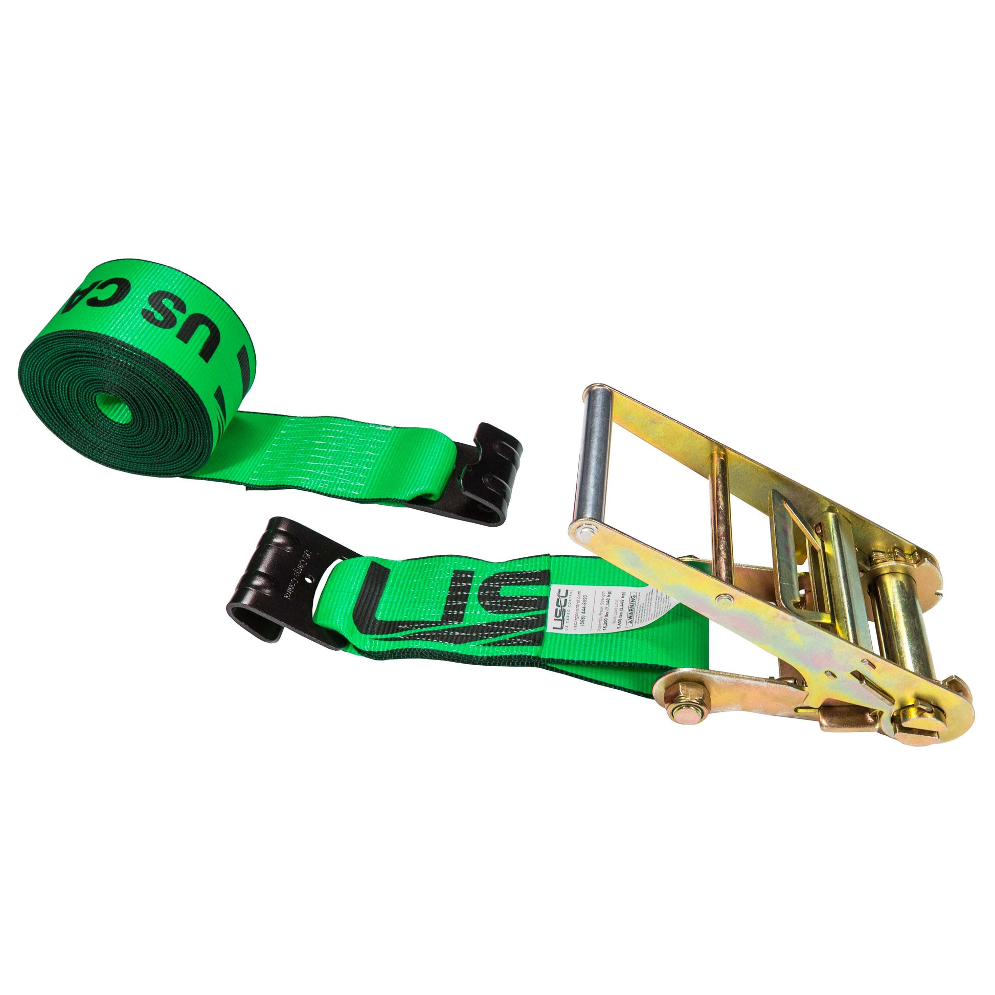 20' 4" heavy-duty green flat hook ratchet strap