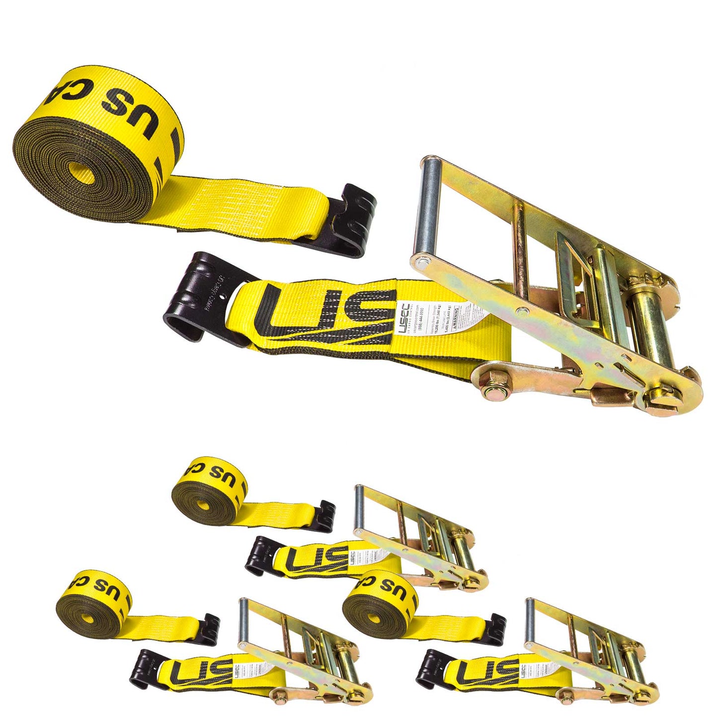 4" x 20' Ratchet Strap with Flat Hooks | Yellow | 4-Pack