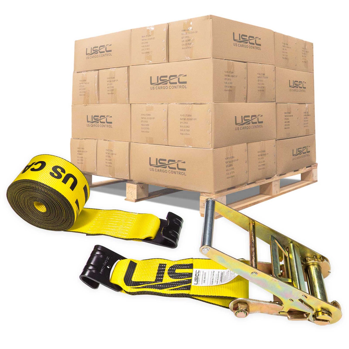 4" x 27' Ratchet Strap with Flat Hooks | Yellow | 90-Pack (Pallet)