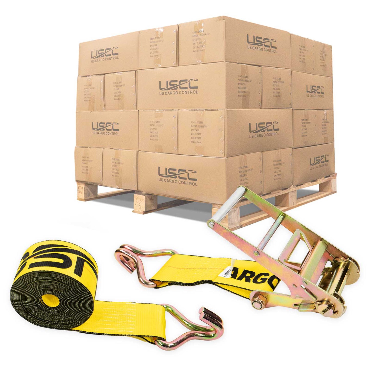 4" x 20' Ratchet Strap with Wire Hooks | Yellow | 90-Pack (Pallet)