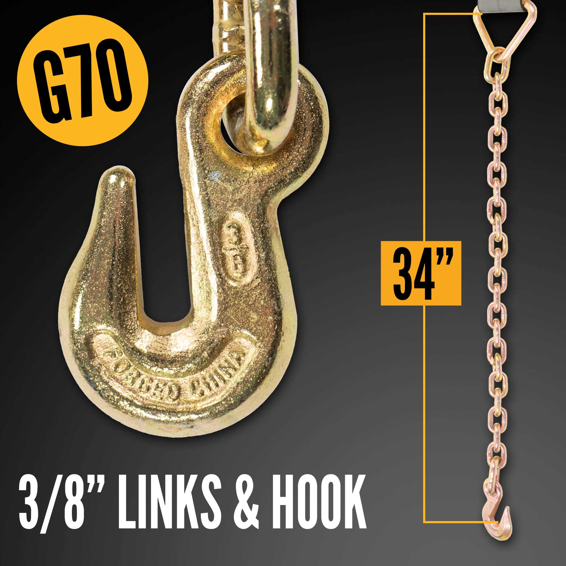 heavy duty BlackLine 34" grade 70 chain end with 3/8" grab hook