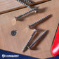 Screws on a wooden surface with a red tool and 'Conquest' branding.