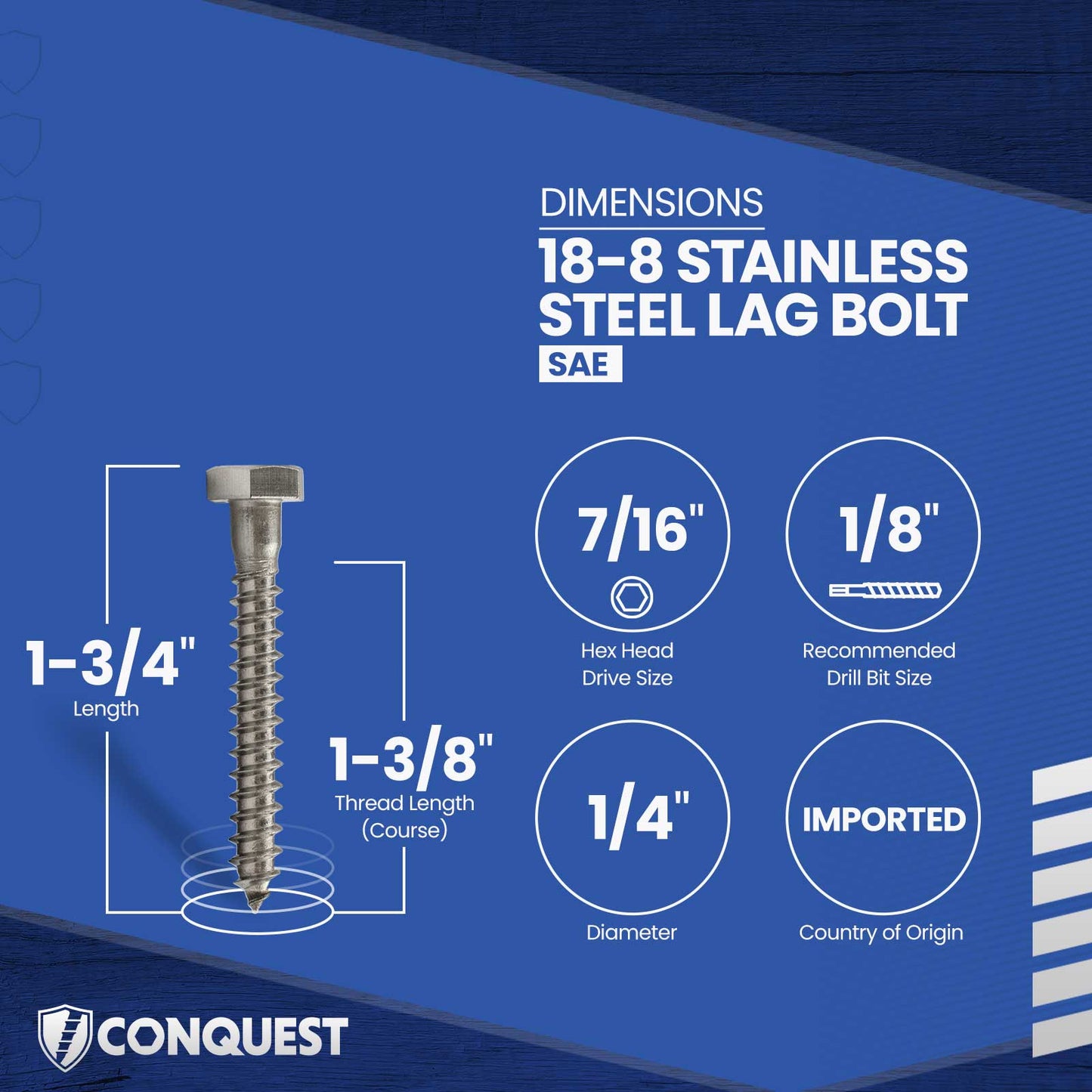 1/4"-10 x 1-3/4" Conquest Hex Head Lag Bolt for Wood - 18-8 Stainless Steel
