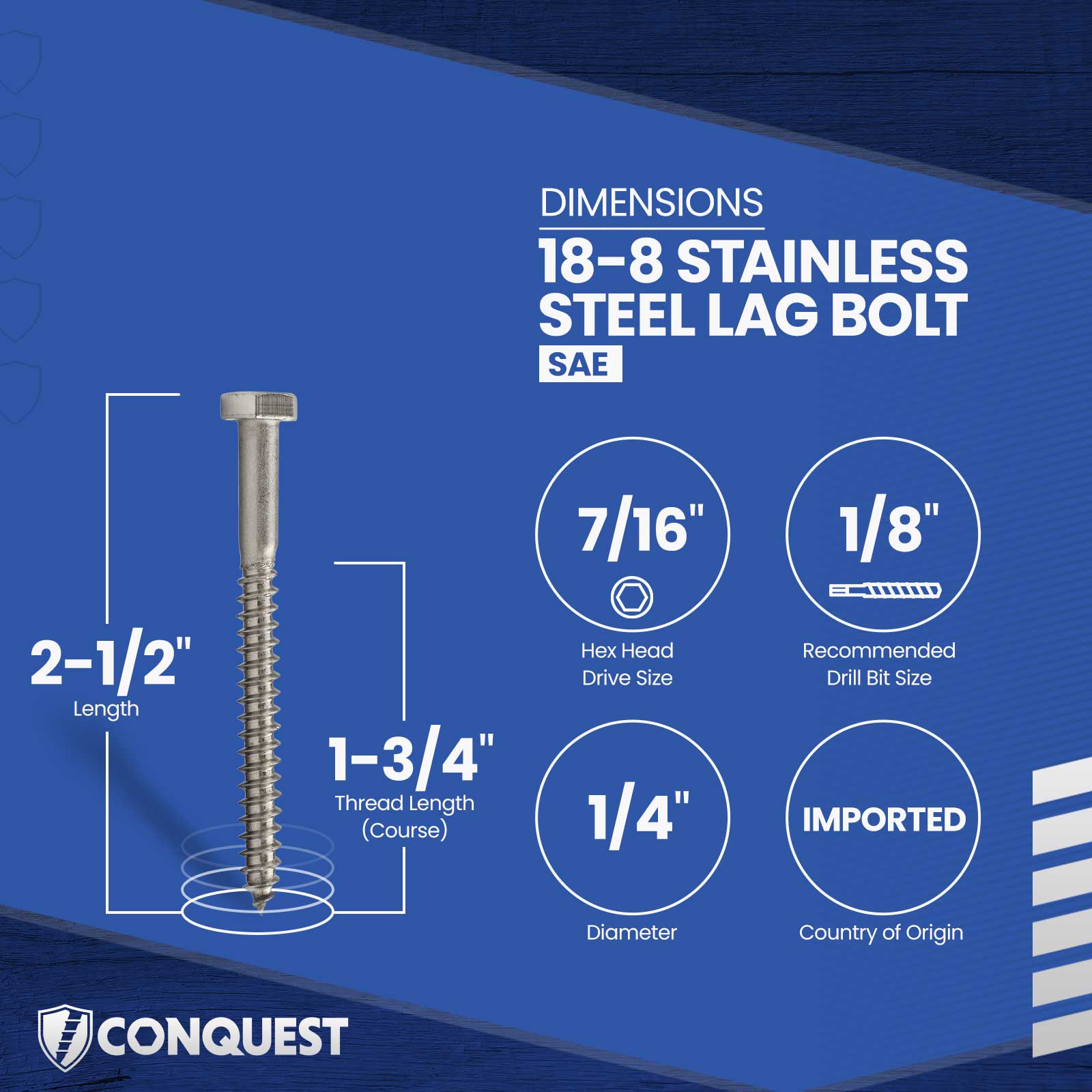 1/4"-10 x 2-1/2" Conquest Hex Head Lag Bolt for Wood - 18-8 Stainless Steel