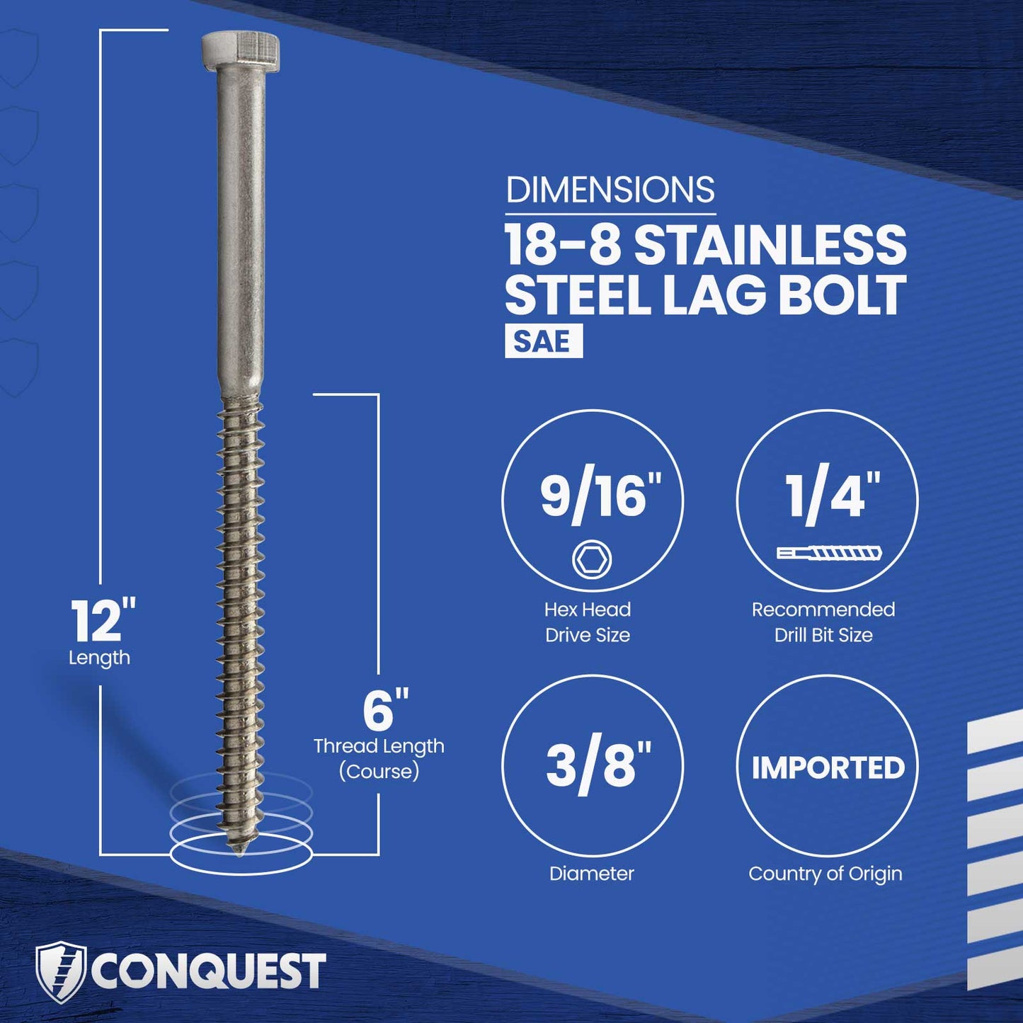 3/8"-7 x 12" Conquest Hex Head Lag Bolt for Wood - 18-8 Stainless Steel