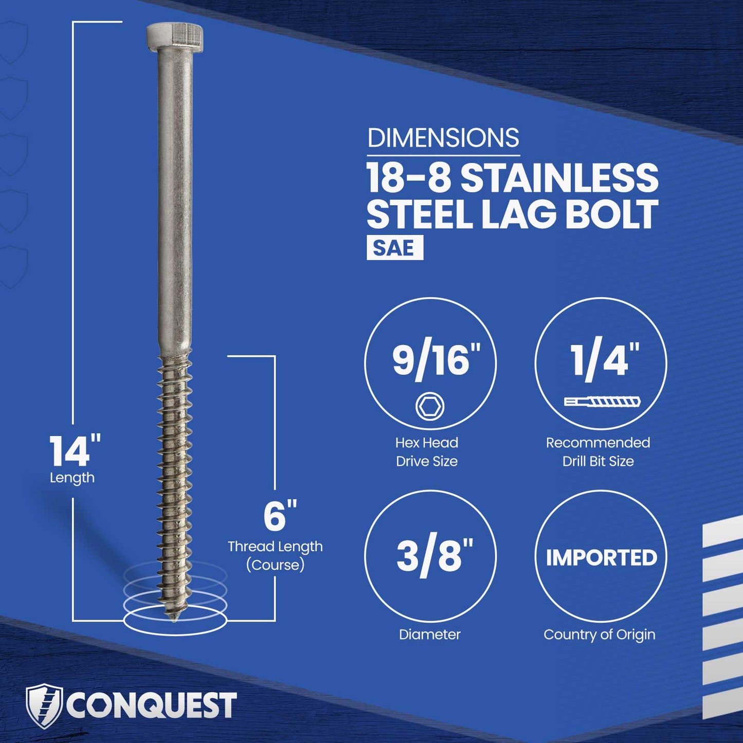 3/8"-7 x 14" Conquest Hex Head Lag Bolt for Wood - 18-8 Stainless Steel