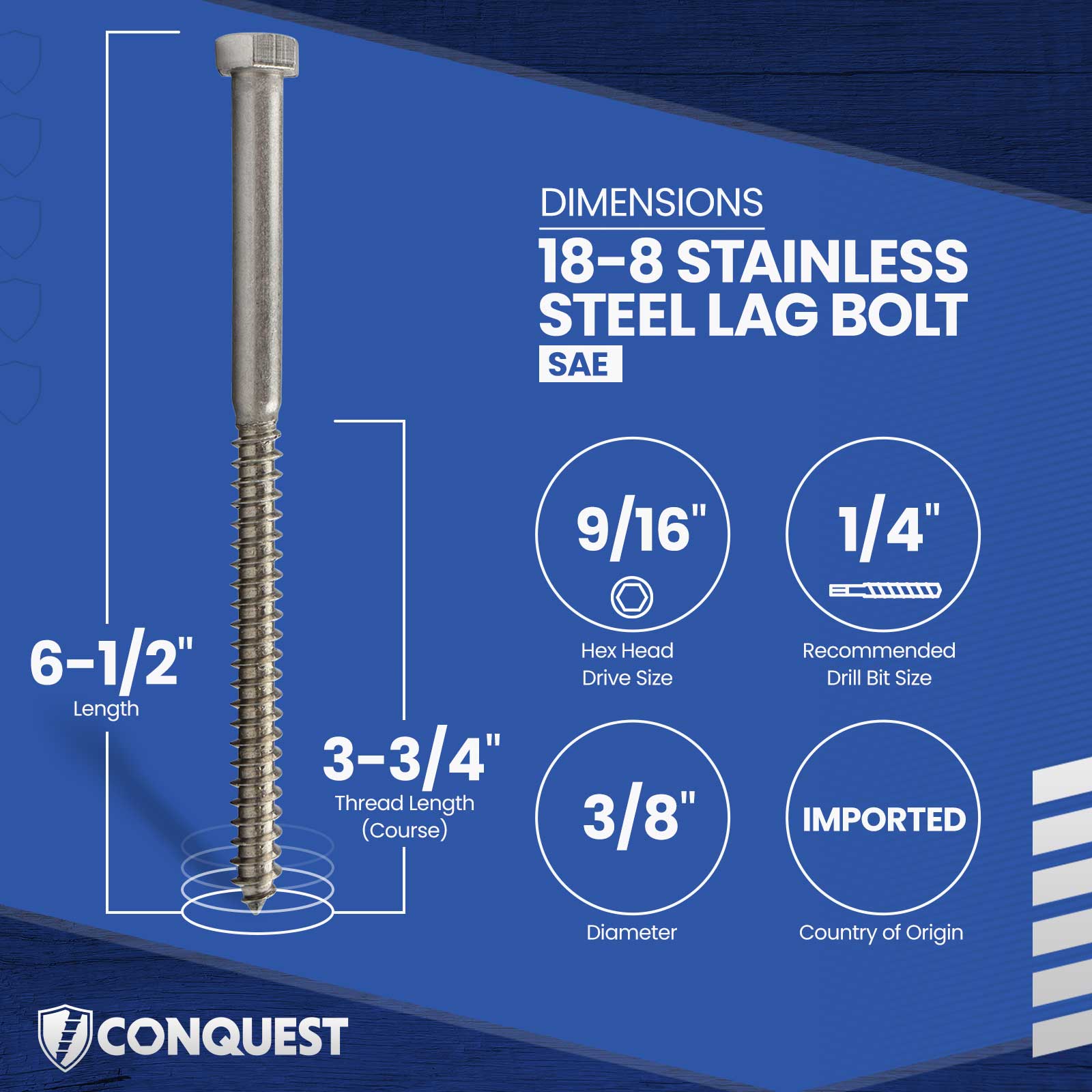 3/8"-7 x 6-1/2" Conquest Hex Head Lag Bolt for Wood - 18-8 Stainless Steel