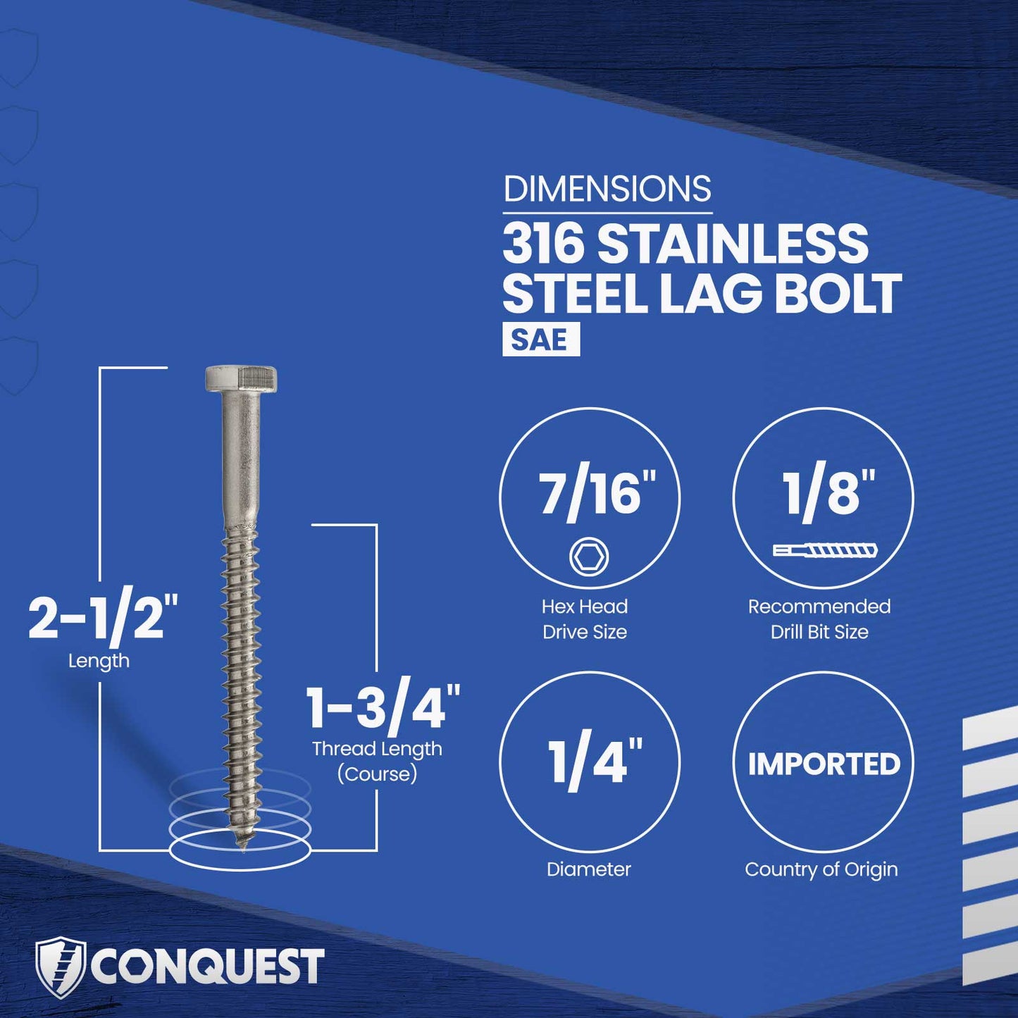 1/4"-10 x 2-1/2" Conquest Hex Head Lag Bolt for Wood - 316 Stainless Steel