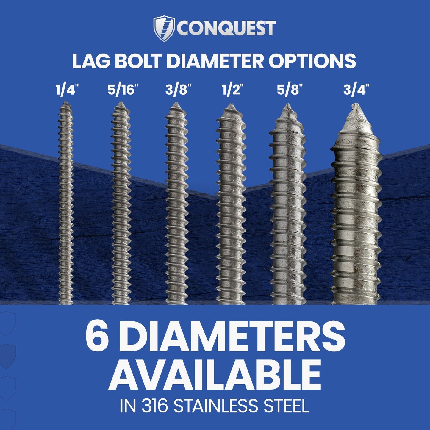 1/4" x 3" Conquest Hex Head Lag Bolt for Wood - 316 Stainless Steel