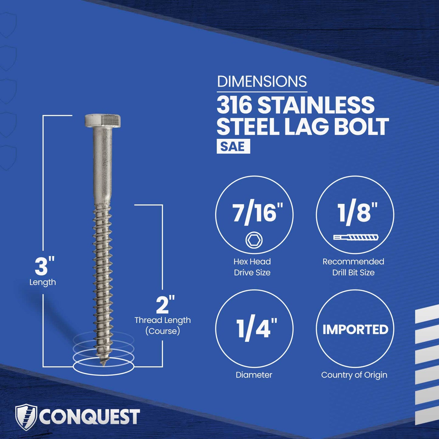 1/4"-10 x 3" Conquest Hex Head Lag Bolt for Wood - 316 Stainless Steel
