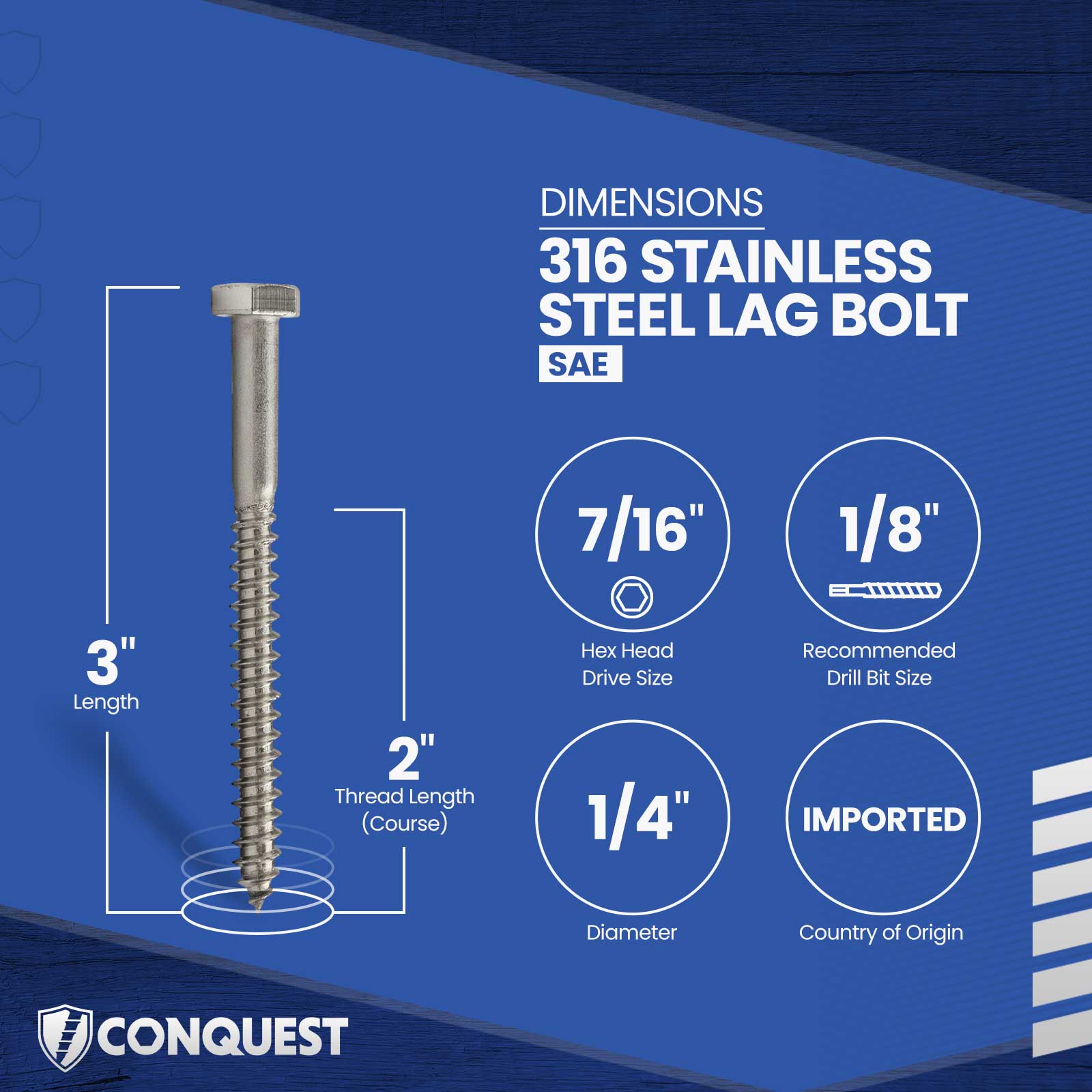 1/4"-10 x 3" Conquest Hex Head Lag Bolt for Wood - 316 Stainless Steel