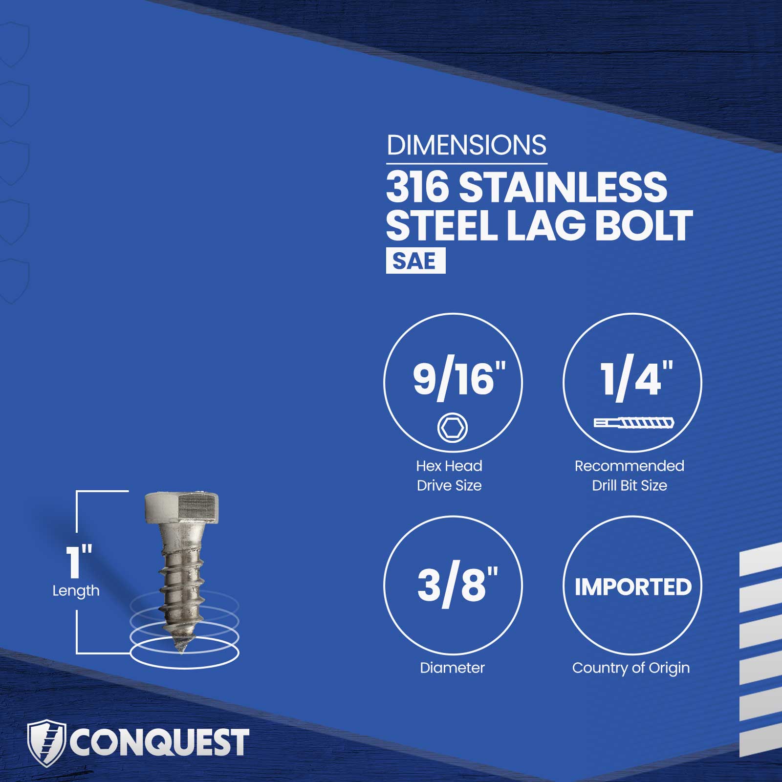 3/8"-7 x 1" Conquest Hex Head Lag Bolt for Wood - 316 Stainless Steel