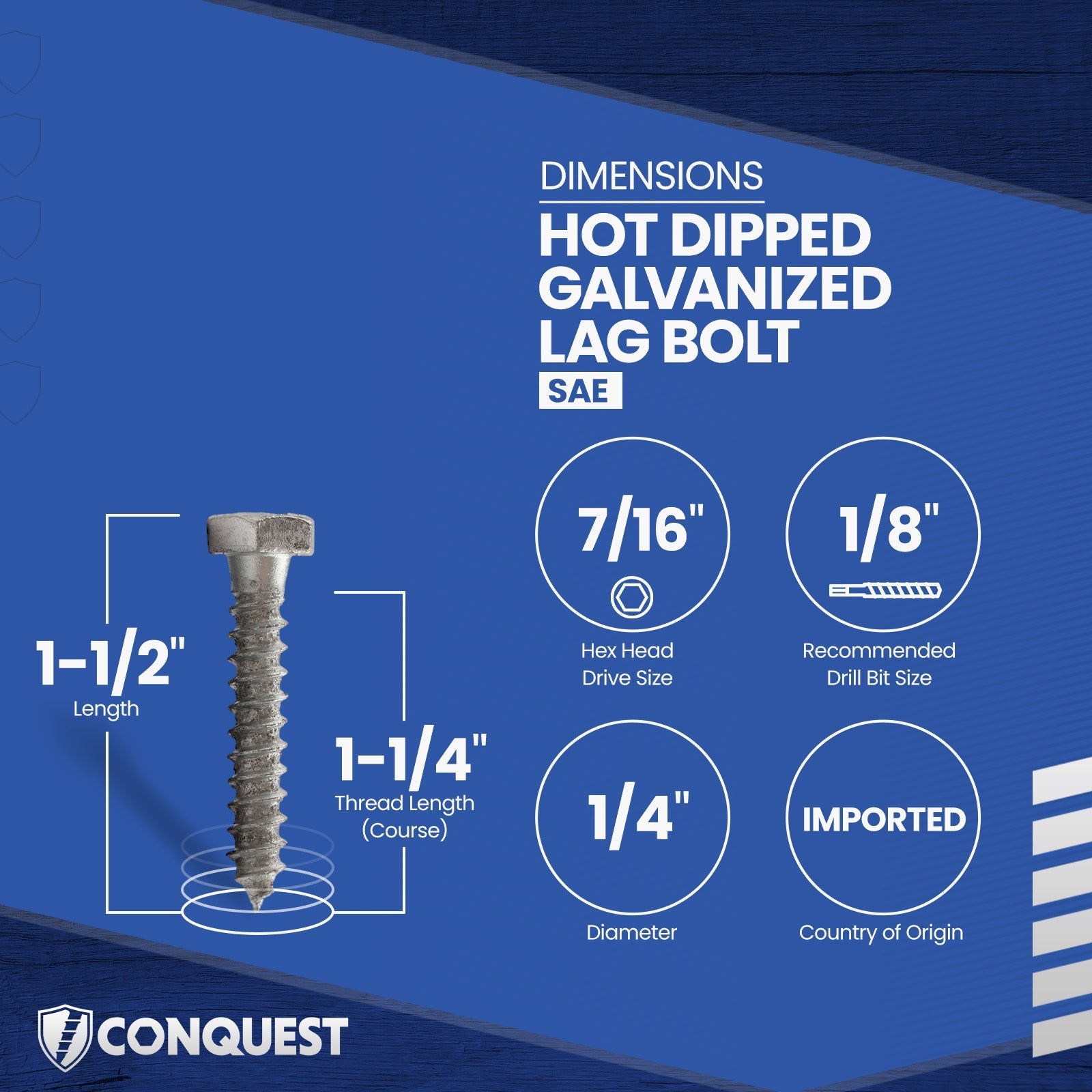 1/4"-10 x 1-1/2" Conquest Hex Head Lag Bolt for Wood - Hot Dip Galvanized