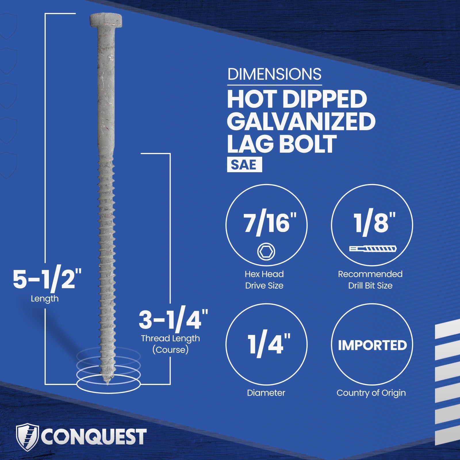 1/4"-10 x 5-1/2" Conquest Hex Head Lag Bolt for Wood - Hot Dip Galvanized