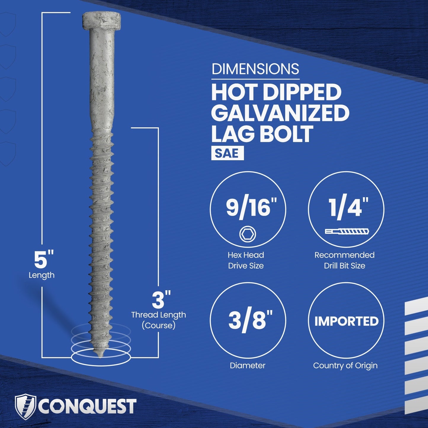 3/8"-7 x 5" Conquest Hex Head Lag Bolt for Wood - Hot Dip Galvanized