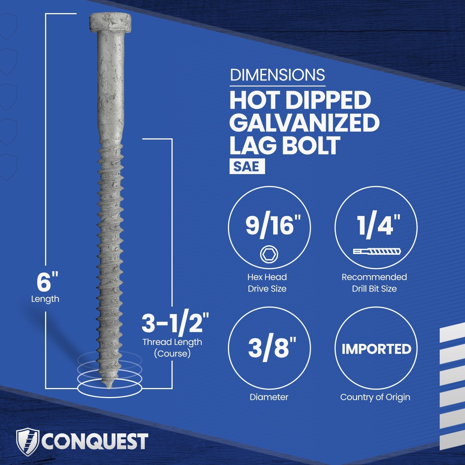 3/8"-7 x 6" Conquest Hex Head Lag Bolt for Wood - Hot Dip Galvanized