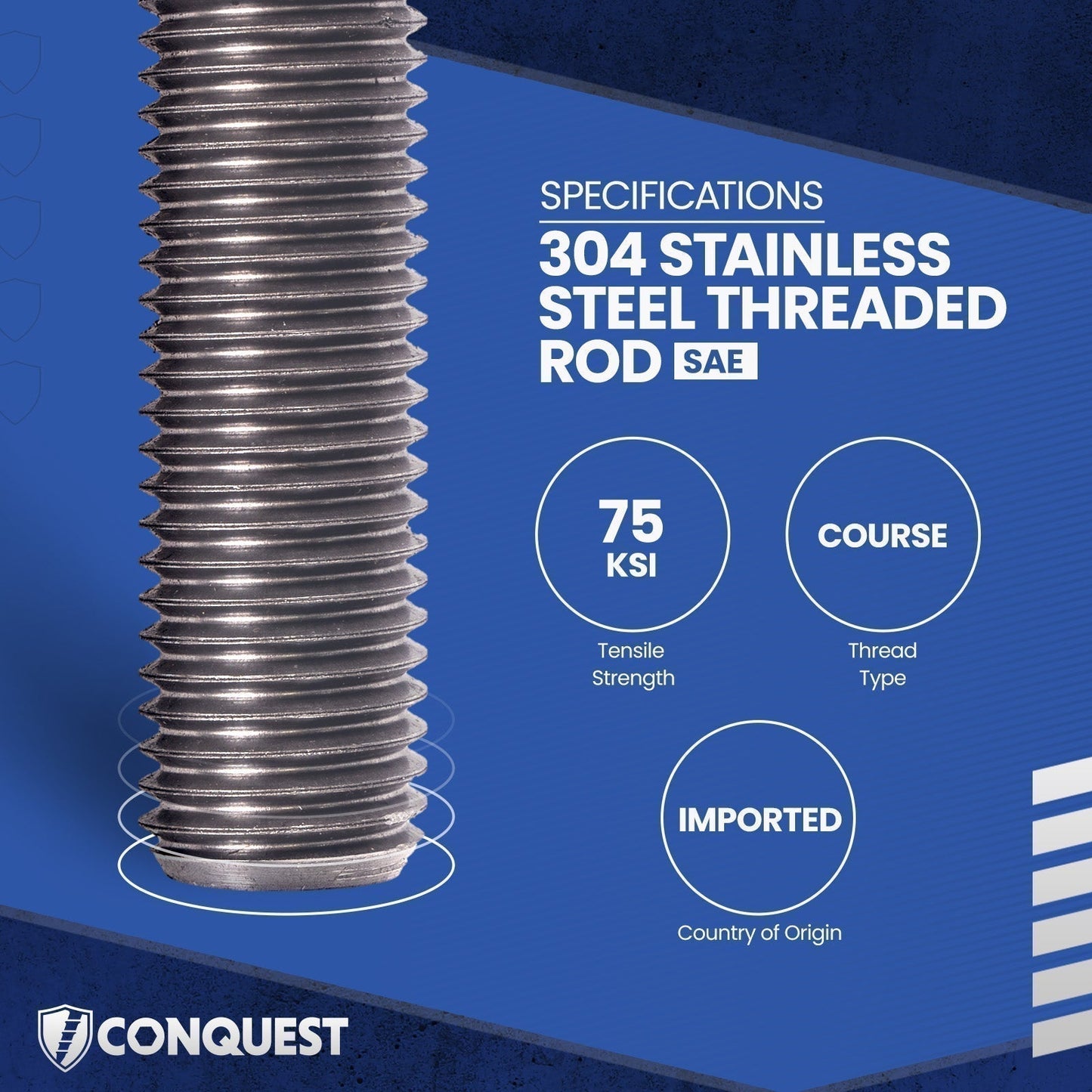 Conquest 3/8" x 1' 304 Stainless Steel Coarse Threaded Rod