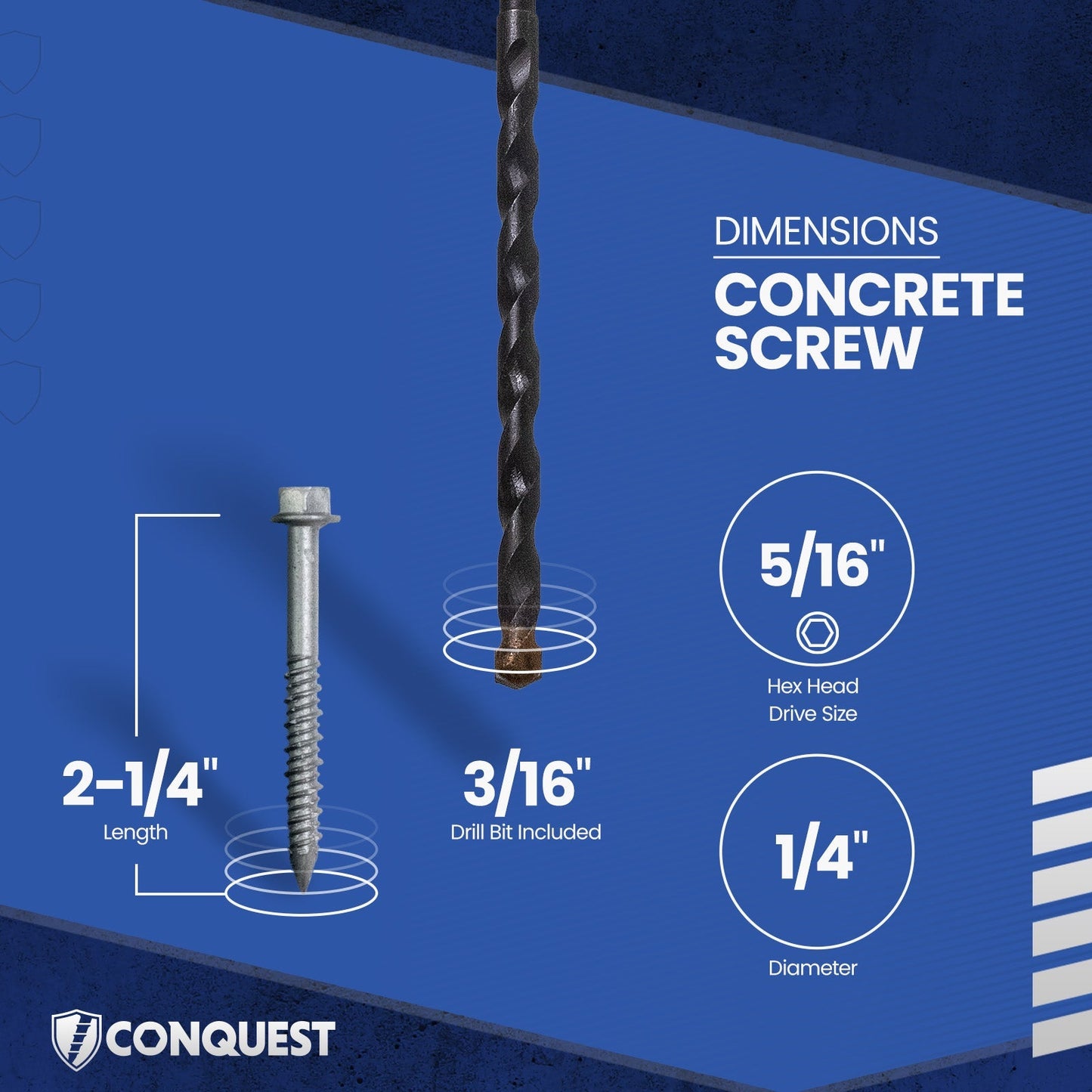 1/4" x 2-1/4" Conquest Hex Concrete Screw - 410 Stainless Steel - Single Dimensions