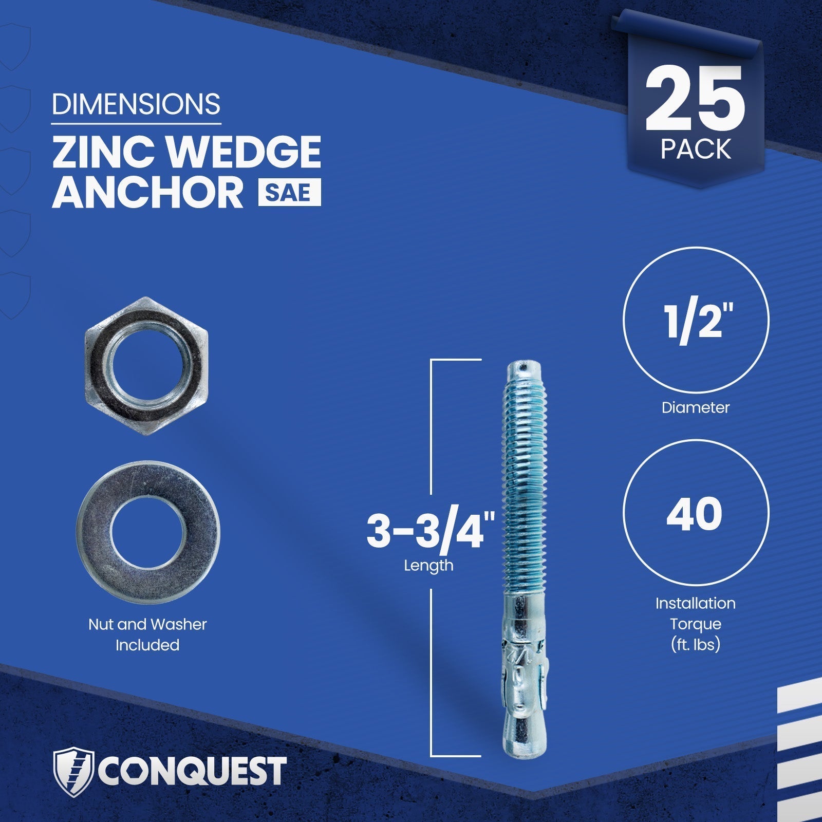 Conquest CWA12-334Z Wedge Anchor Dimensions