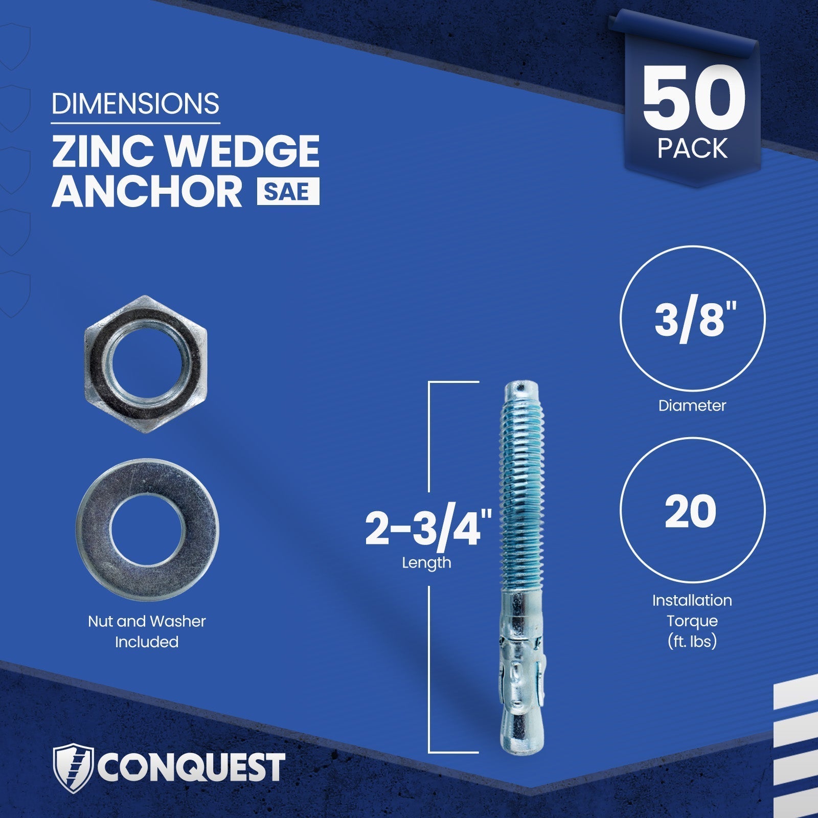 Conquest CWA38-234Z Wedge Anchor Dimensions