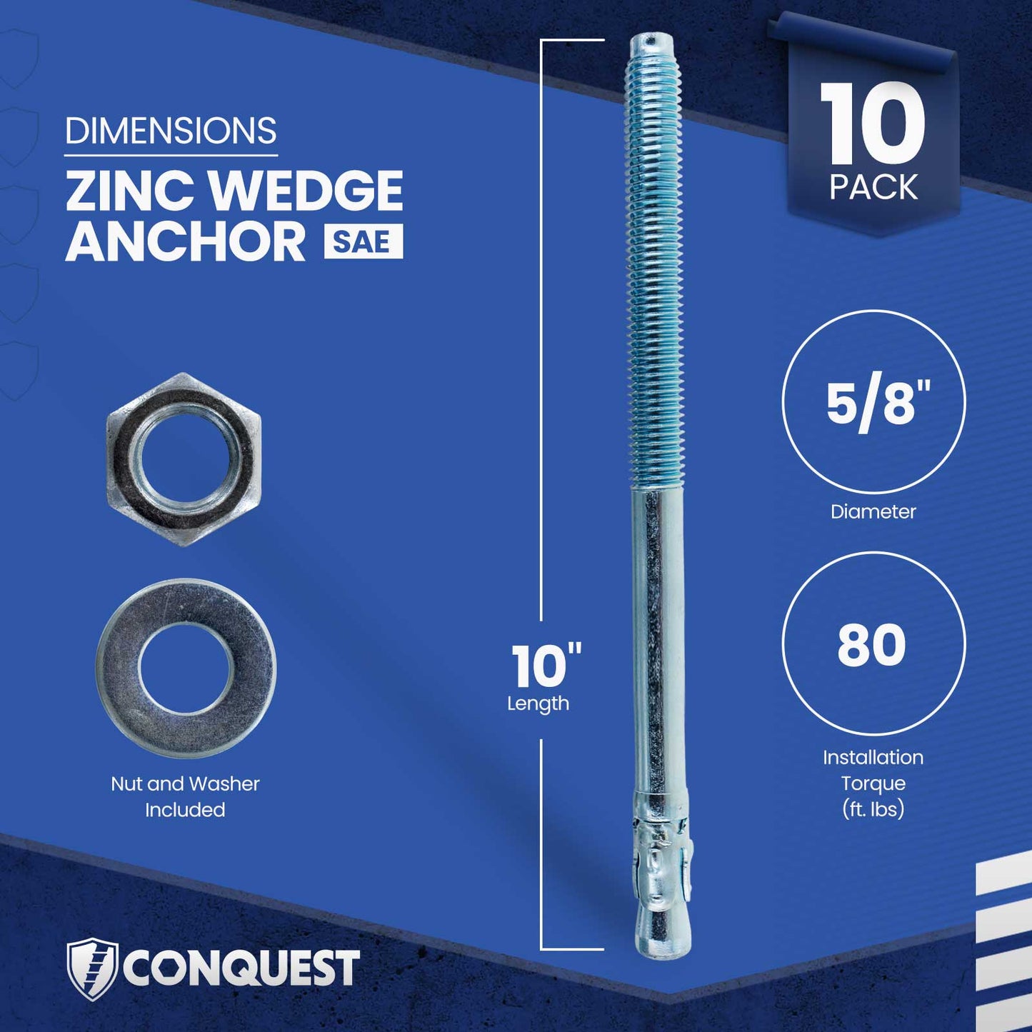 Zinc wedge anchor with dimensions on a blue background