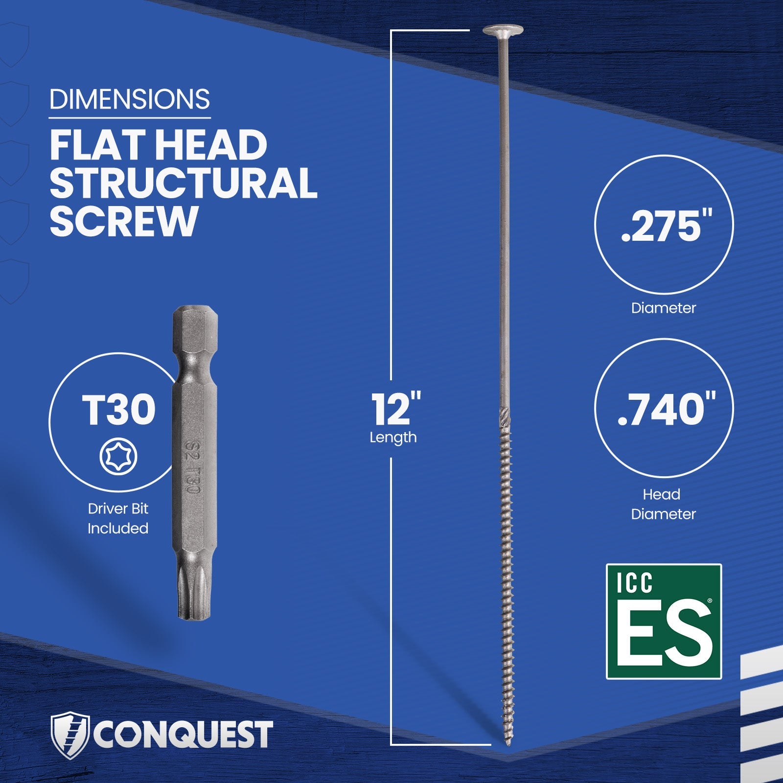 .275" x 12" Conquest Structural Screw - T-30 Star Drive - Dimension 
