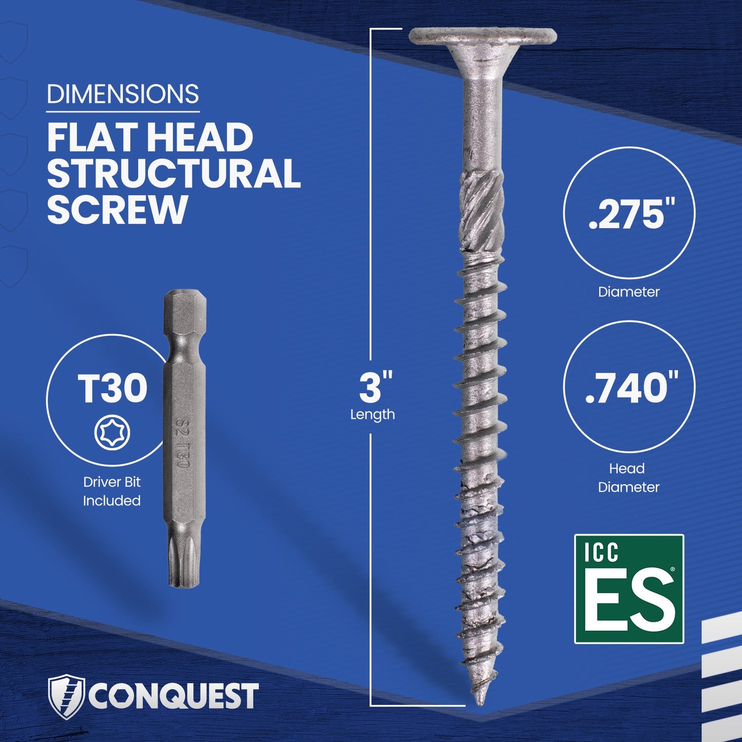 .275" x 3" Conquest Structural Screw - T-30 Star Drive - Dimensions
