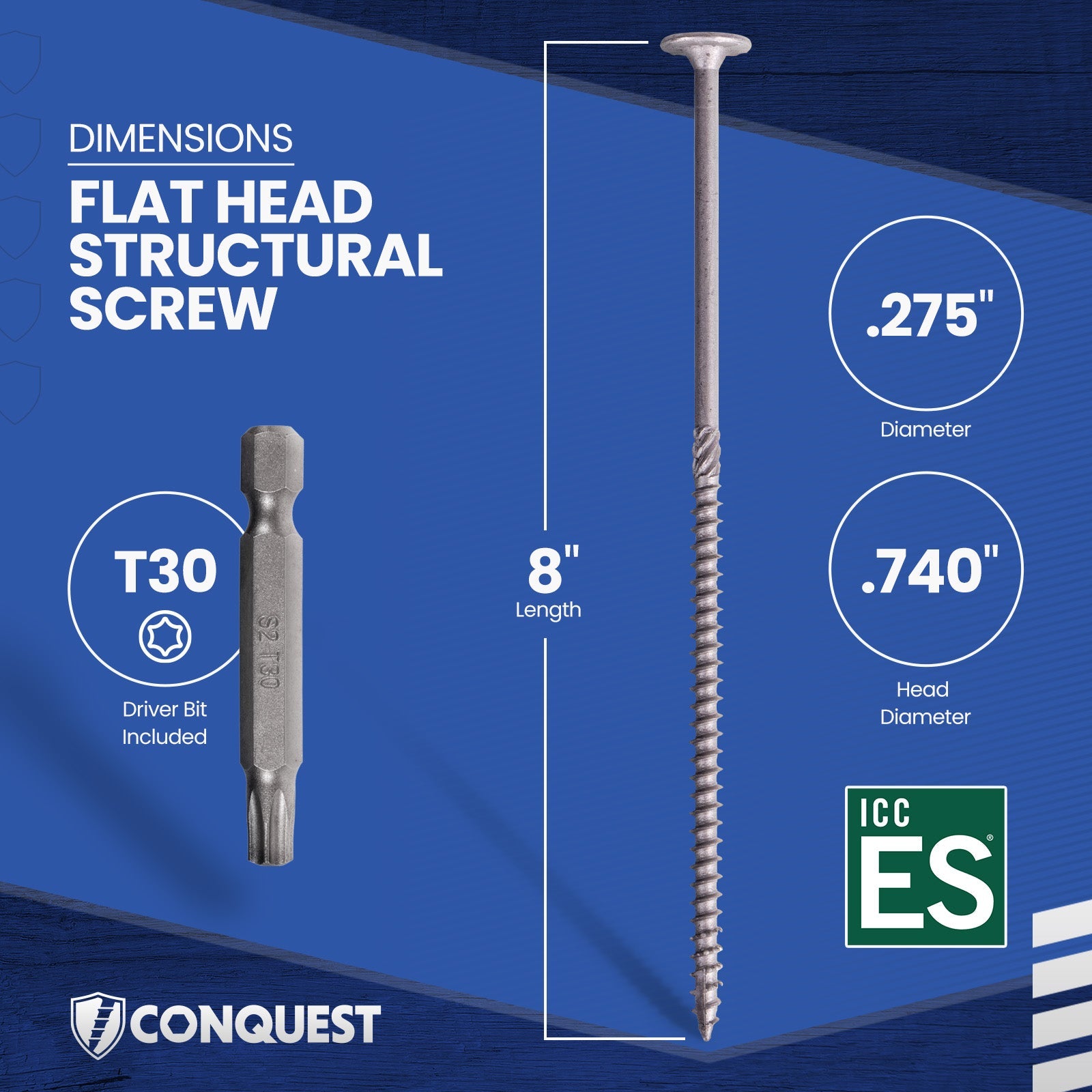 .275" x 8" Conquest Structural Screw - T-30 Star Drive Dimensions 