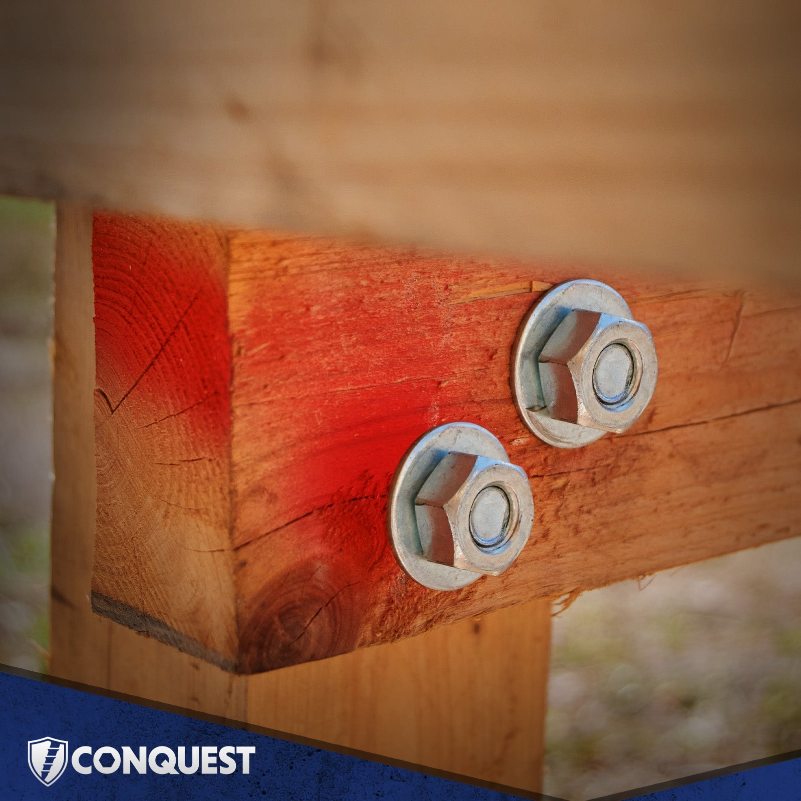 wood structure with washer, hex nut, and threaded rod