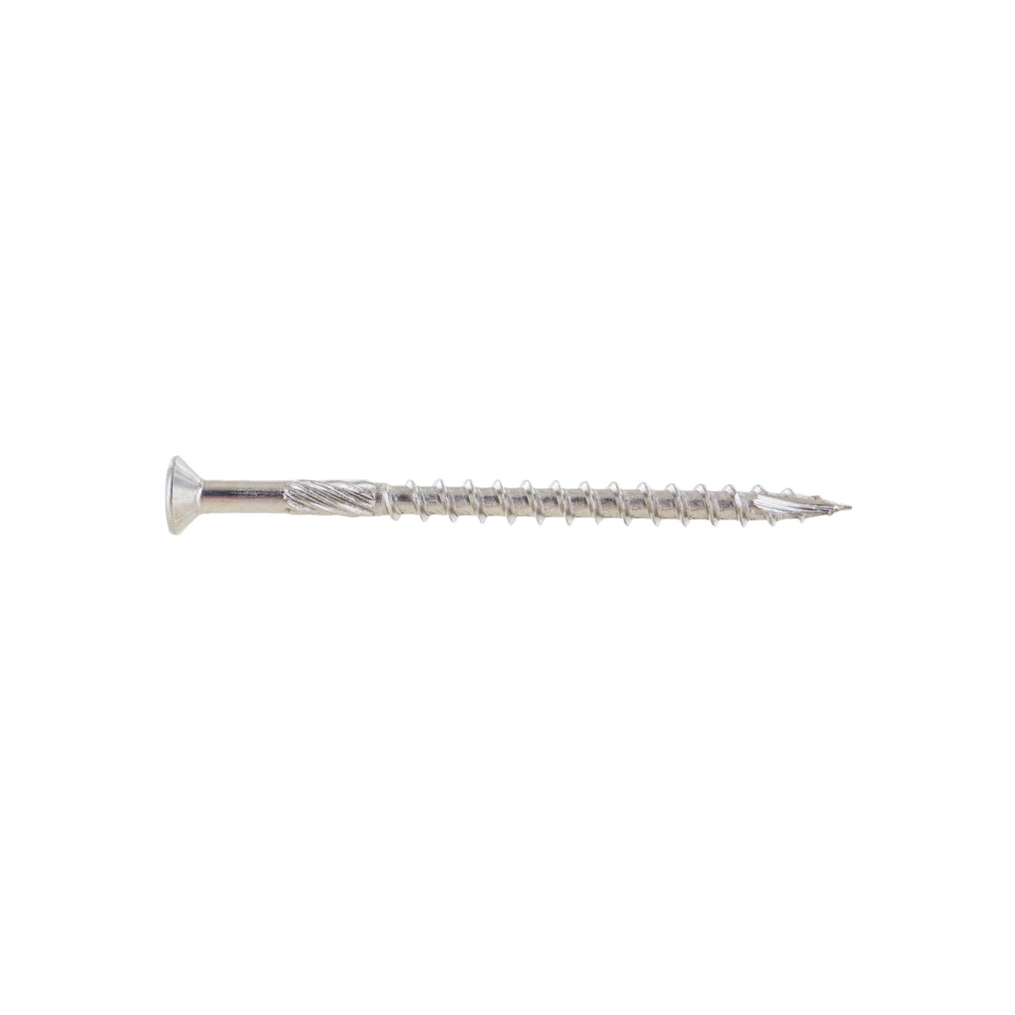 A single #10 x 3 inch flat head deck screw made of 316 stainless steel, displayed against a white background.