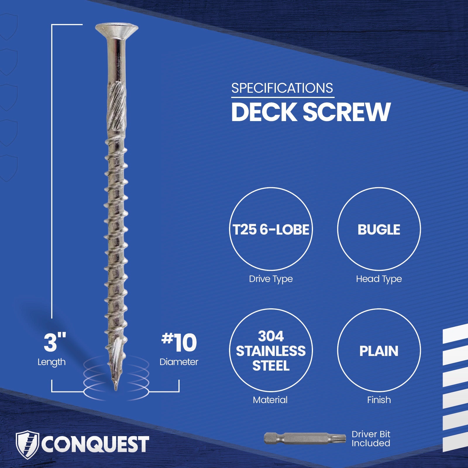 Deck screw with specifications on a blue background
