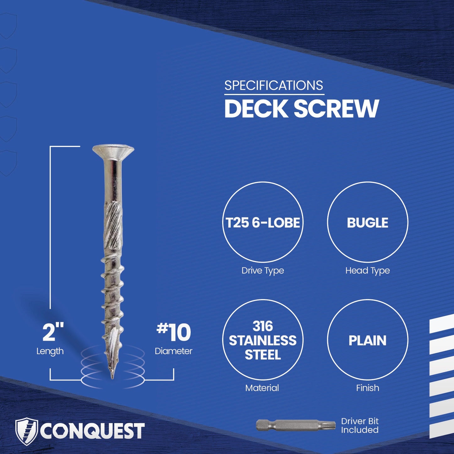 #10 x 2" Conquest T25 Bugle Head Deck Screws - 316 Stainless Steel, Pkg. 350