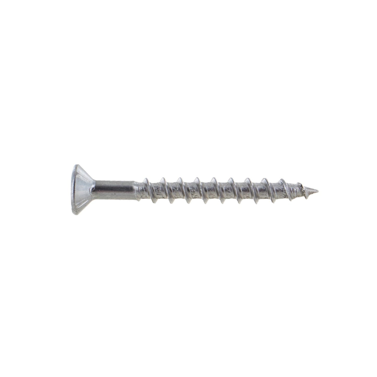 A single #8 x 1-5/8 inch flat head deck screw made of 316 stainless steel, isolated on a white background.