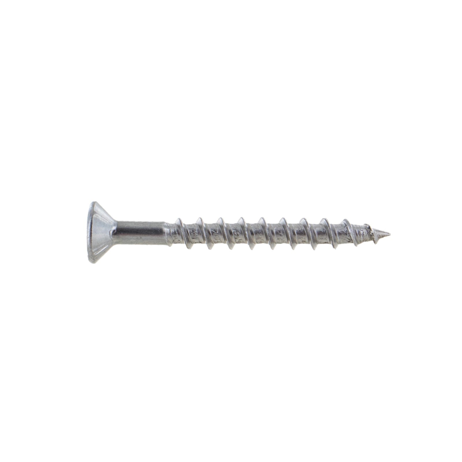 A single #8 x 1-5/8 inch flat head deck screw made of 316 stainless steel, isolated on a white background.