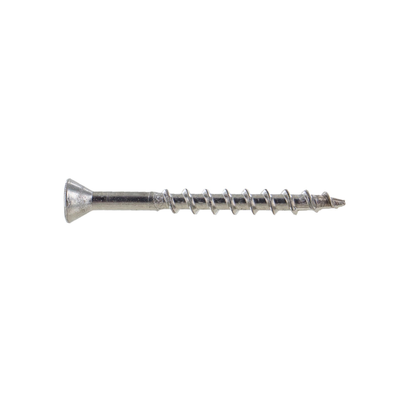 A single #7 x 1-5/8 inch Conquest trim head deck screw made of 316 stainless steel.