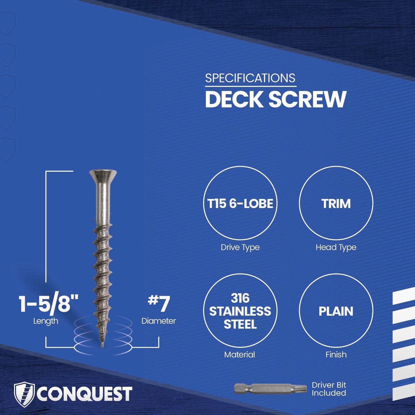 #7 x 1-5/8" Conquest T15 Trim Head Deck Screws - 316 Stainless Steel, Pkg. 1,750